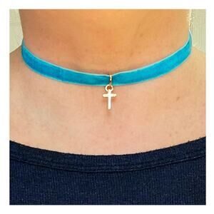 Aqua Turquoise Blue Velvet Cross Choker Necklace Gold-Plated Adjustable Chain